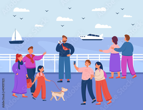 Different cartoon characters walking along the quay or seaside. Seagulls in sky, boats at sea or in ocean flat vector illustration. Vacation, summer concept for banner, website design or landing page