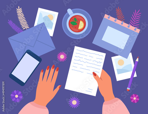 Top view of table with hands holding letter to future self. Person writing and sending message, notepad, pencil, envelope, postcard on desk flat vector illustration. Mail, communication concept
