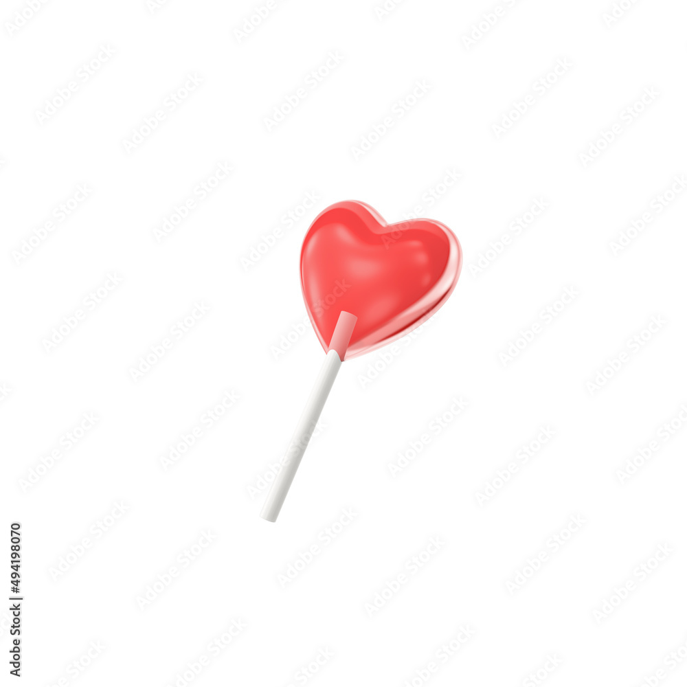3d render illustration of heart shaped lollipop. Simple icon for web and app. Modern trendy design. Isolated on white background.