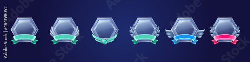 Silver award badges, hexagon labels for win in game. Vector cartoon icons of steel buttons with ribbons and leaves. Symbols of winners trophy or prize for victory isolated on background