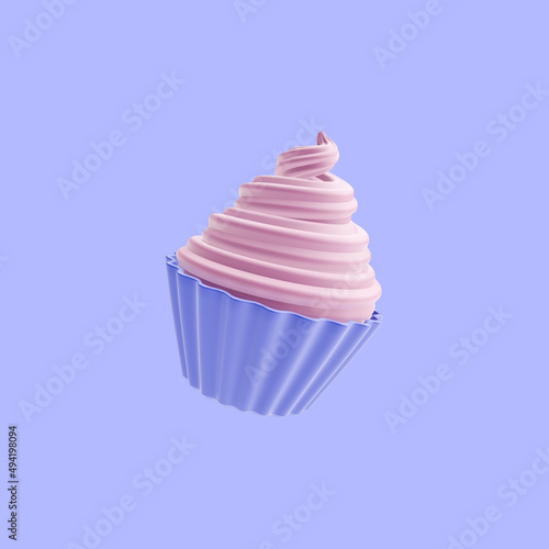 3d render illustration of cupcake. Simple icon for web and app. Modern trendy design. Isolated on blue background.