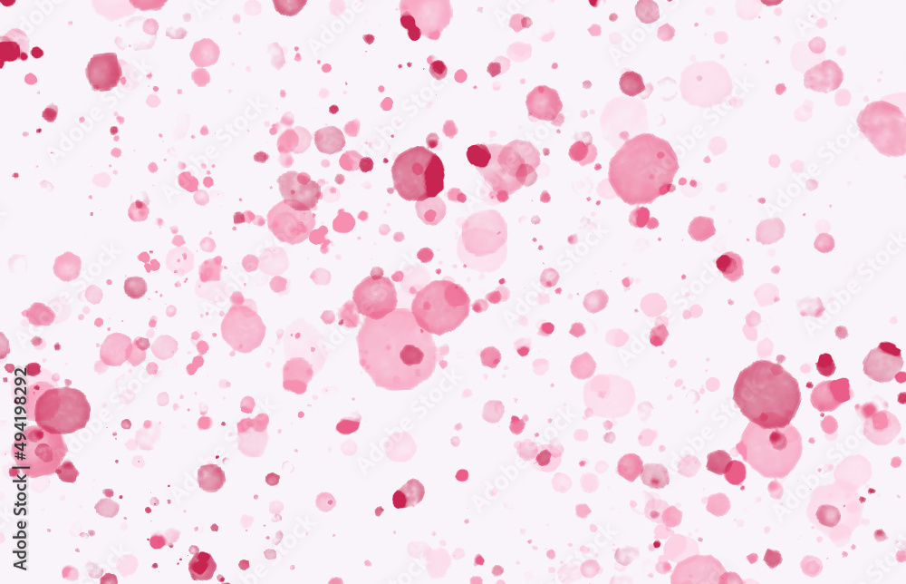 Artistic abstract background of pink watercolor drops. Trendy pattern with random brush strokes. Festive red confetti backdrop. Pastel confetti design template