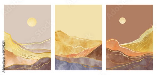 Mountain line art print with watercolor brush and gold line texture. wallpaper design for cover background. Abstract contemporary aesthetic backgrounds landscapes. vector illustrations