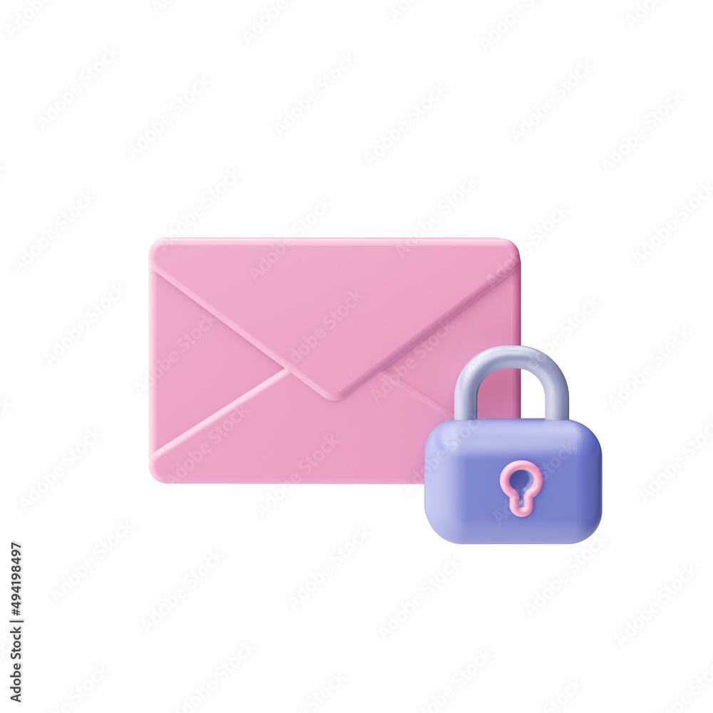 3d render illustration of letter, paper envelope with protection icon. Can be used for web and app. Modern trendy design. Isolated on white background.