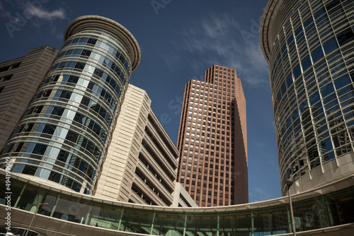 Low angle view of the Chevron Building and its circular sky bridge, Skyline District, Downtown Houston 