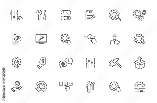 Gear setup control system tools icon. Service maintance update fix data setup interface icons