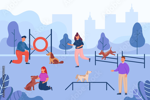 People training dogs at playground flat vector illustration. Happy men and women playing with pets in city park. Puppies walking and jumping. Outdoor activity, animal concept