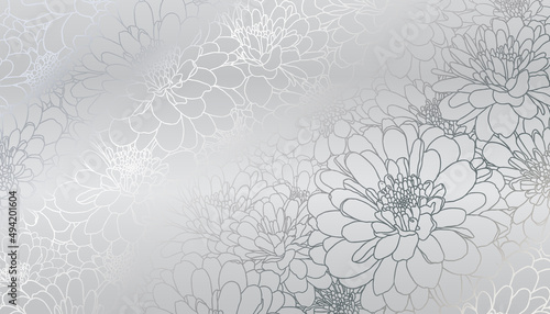 Luxurious art deco silver chrysanthemum flowers hand drawn line art. Wallpaper design for print, poster, cover, banner, fabric, invitation. Digital vector illustration..