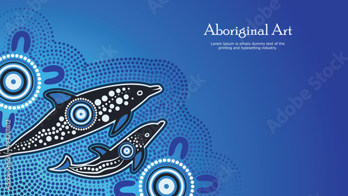 Aboriginal dot art poster design with mother and baby dolphin
