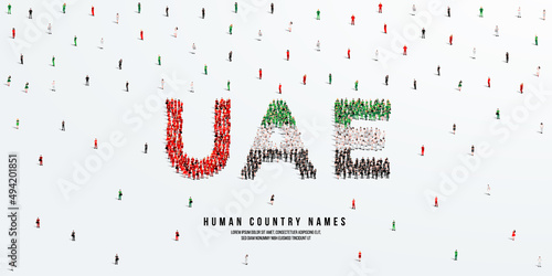 A large group of people stands, making up the word United Arab Emirates. United Arab Emirates flag made from people crowd. Vector illustration isolated on white background.