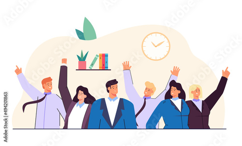 Portrait of team of happy professional employees. Cartoon office workers in corporate clothes, group of colleagues at work together flat vector illustration. Career, teamwork, startup concept