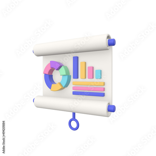 3d render illustration screen with presentation graphs and statistics. Modern trendy design. Icon for app and web.