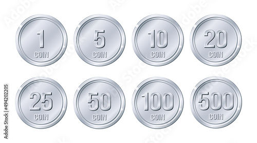 Set of shiny silver coins of different denominations. Vector illustration