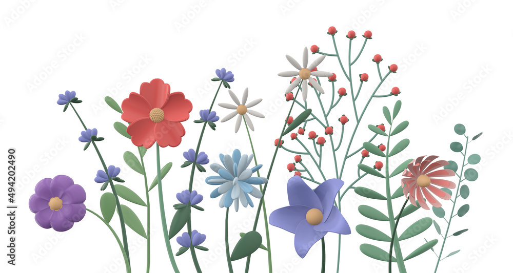 Obraz premium 3d render illustration of wild flowers of the field. Plants of various types. Modern trendy design. Isolated on gray background.
