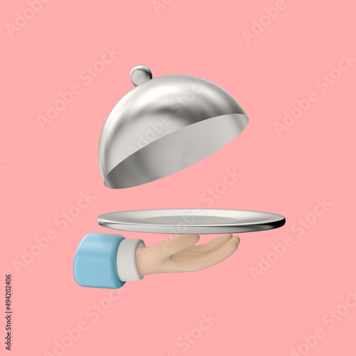 3d render illustration. Hand holding a dish. Modern trendy design. Simple icon