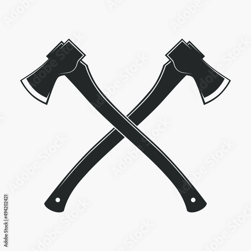 Two axe graphic icon. Symbol working tools lumberjack. Crossed axes sign isolated on white background. Vector illustration