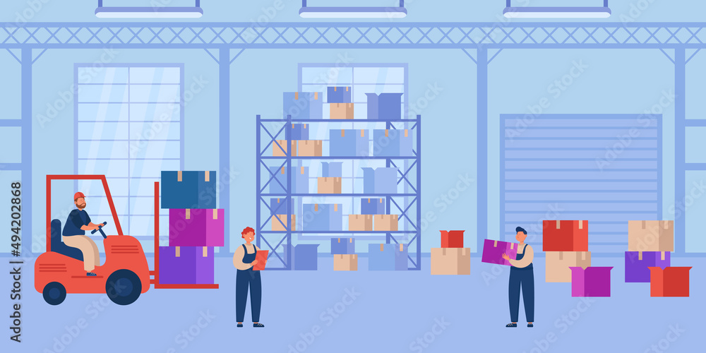 Workers in uniform warehouse flat vector illustration. Man or loader driving forklift with packages, supplying goods. Boxes on pallet shelves in hangar. Stockroom, delivery service, industry concept