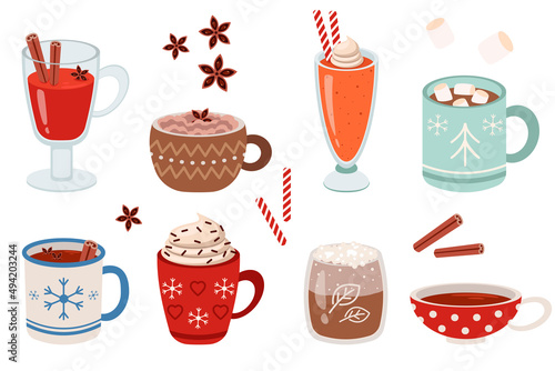 Mugs with warm winter drinks flat vector illustrations set. Cups of hot cocoa or chocolate, coffee with whipped cream and marshmallows on white background. Christmas, autumn or winter holidays concept