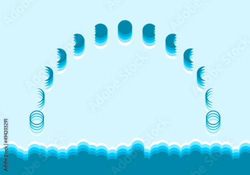 Mirage moon different phases or lunar phases curve with clouds on blue background flat vector design icon.