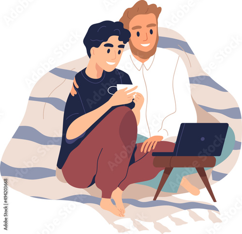 Gay Couple Cuddling and Watching Movie on Laptop Illustration