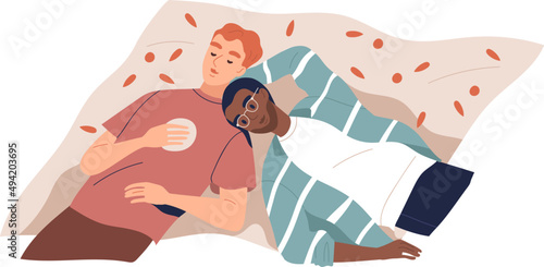 Multiracial Lgbt Couple Lying on Plaid Together Illustration