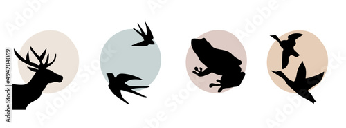 Collection of modern minimalistic abstractions with silhouettes of wild animals: deer, swallow birds, frog and ducks with geometric shapes on a white background