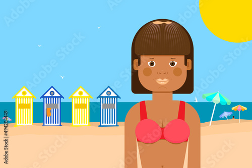 Pretty tanned young girl in a beach scene in summertime. vector illustration