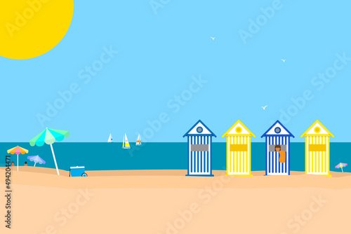 Beautiful summer beach scene with beach huts, umbrellas and yachts in the sea. Copy space