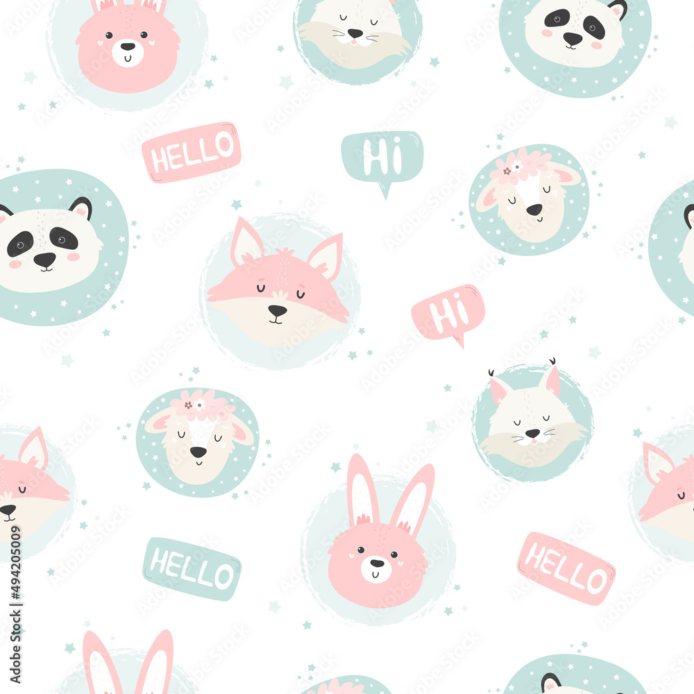 Seamless pattern with cute animals and lettering words