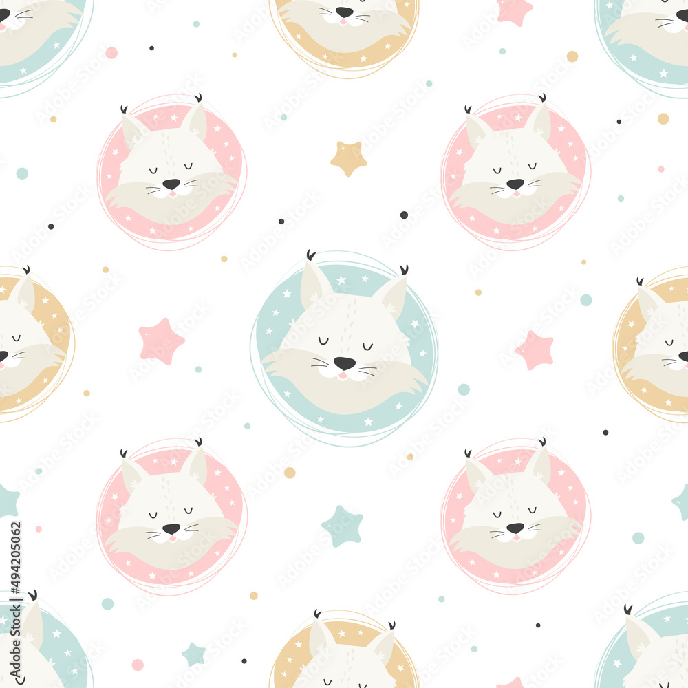 Seamless childish pattern with cute dreaming lynx