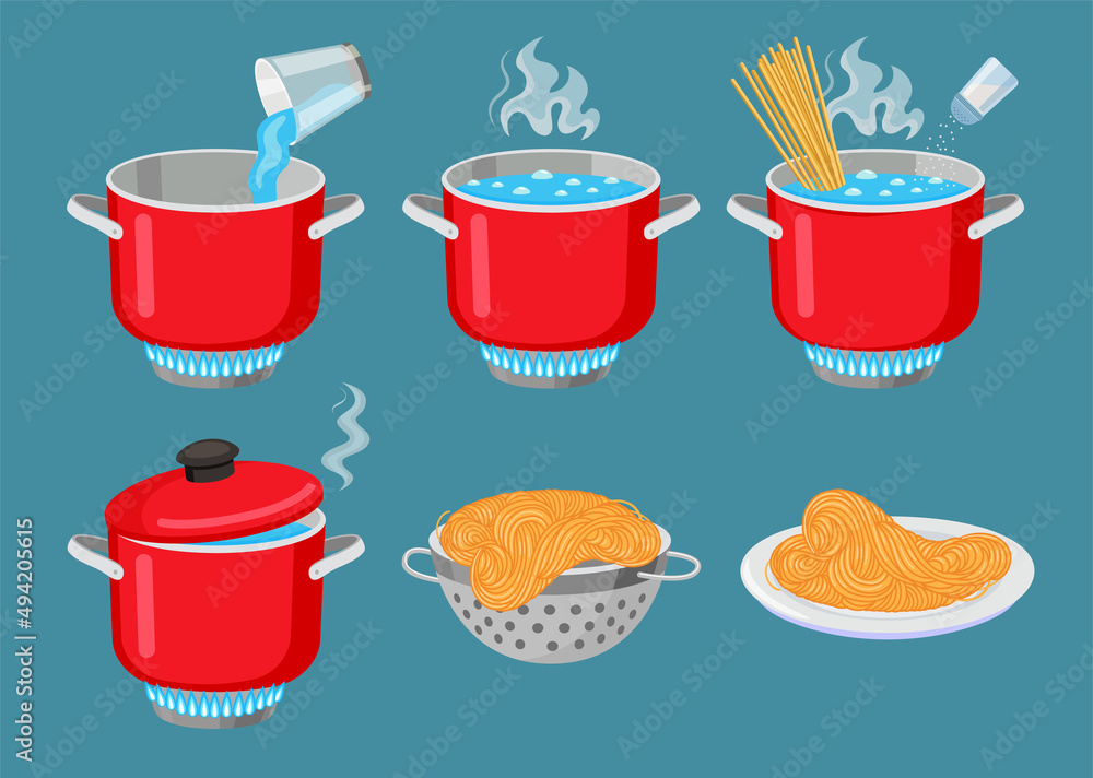 Pasta cooking process vector illustrations set. Recipe instructions or directions, spaghetti in