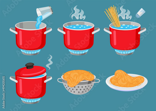 Pasta cooking process vector illustrations set. Recipe instructions or directions, spaghetti in boiling water in pot, macaroni in colander and bowl isolated on blue background. Food, cooking concept