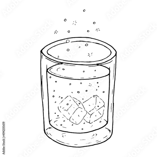 Glass with water and ice sketch hand drawn. Vector illustration of a glass with liquid.