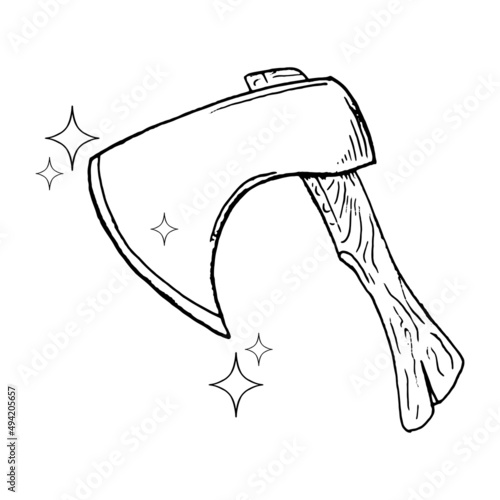 Axe sketch drawing. Vector illustration of a forester axe.