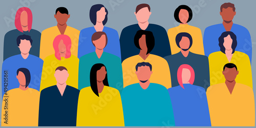 A group of Ukrainian people, refugees united together. Banner of men, women in yellow and blue clothes. Modern social crisis in the world. flat vector.
