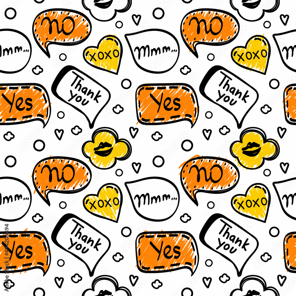 A seamless pattern of speech bubbles with hand-drawn, doodle-style dialog words. Boom, Oops, No, Okay, Wow. Speech. Vector illustration. A seamless pattern of speech bubbles with hand-drawn, doodle-style dialog words. Boom, Oops, No, Okay, Wow. Speech. Vector illustration.