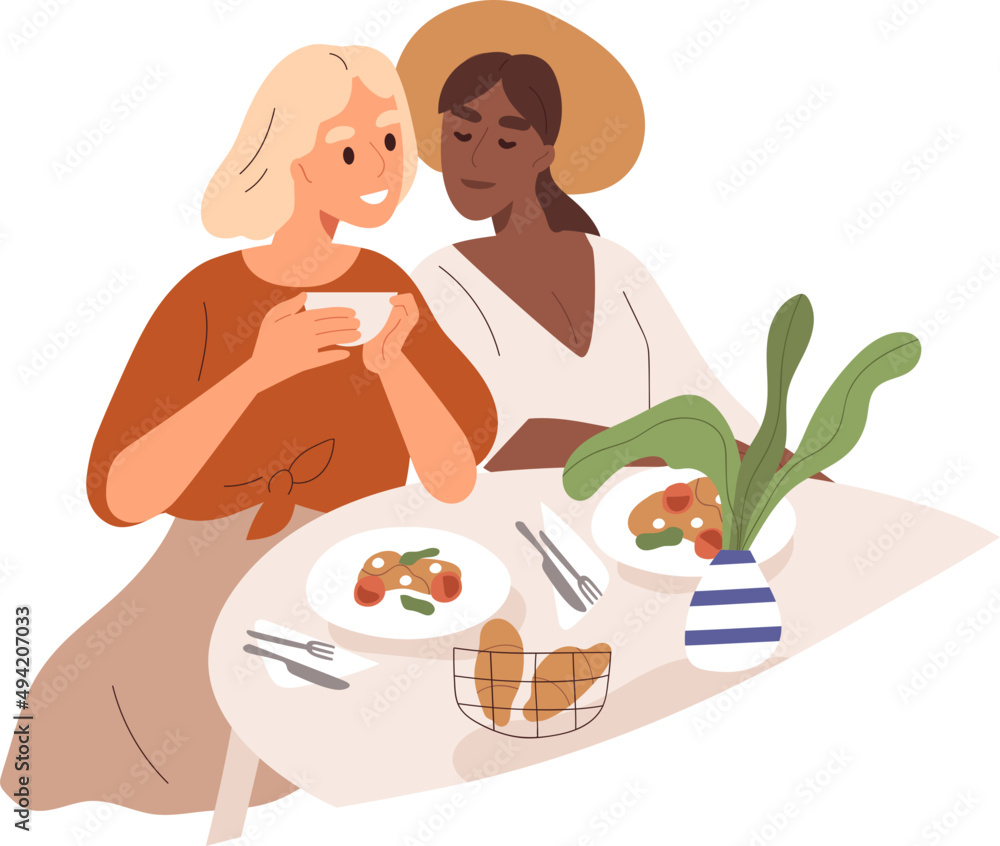 Cute Multiracial Lesbian Couple Have a Date Illustration Cute Multiracial Lesbian Couple Have a Date Illustration