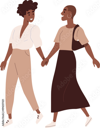 Cute Lesbian African American Couple Walking Together Illustration