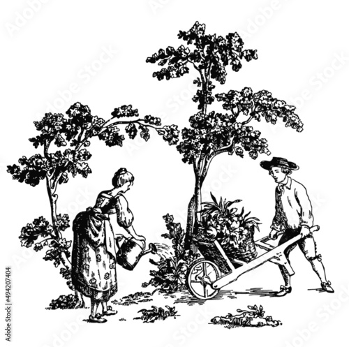 Пraphic retro illustration of the harvest in the 19th century