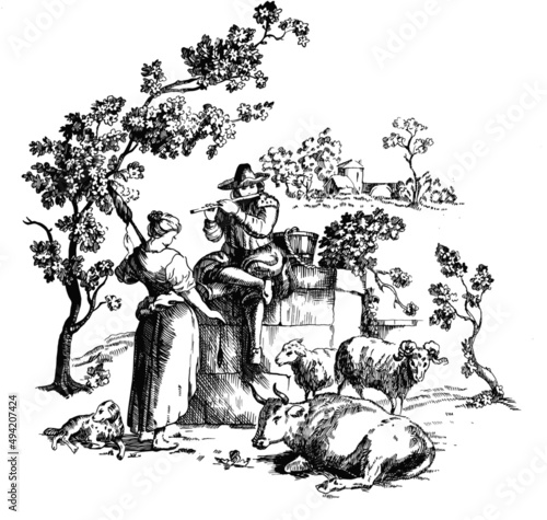 Graphic retro illustration of a scene from rural life of the 19th century. Shepherd and Shepherdess