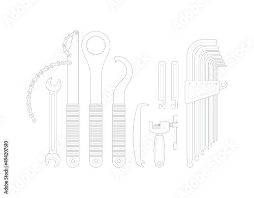 Vector black line bicycle repair tools. Isolated on white background.