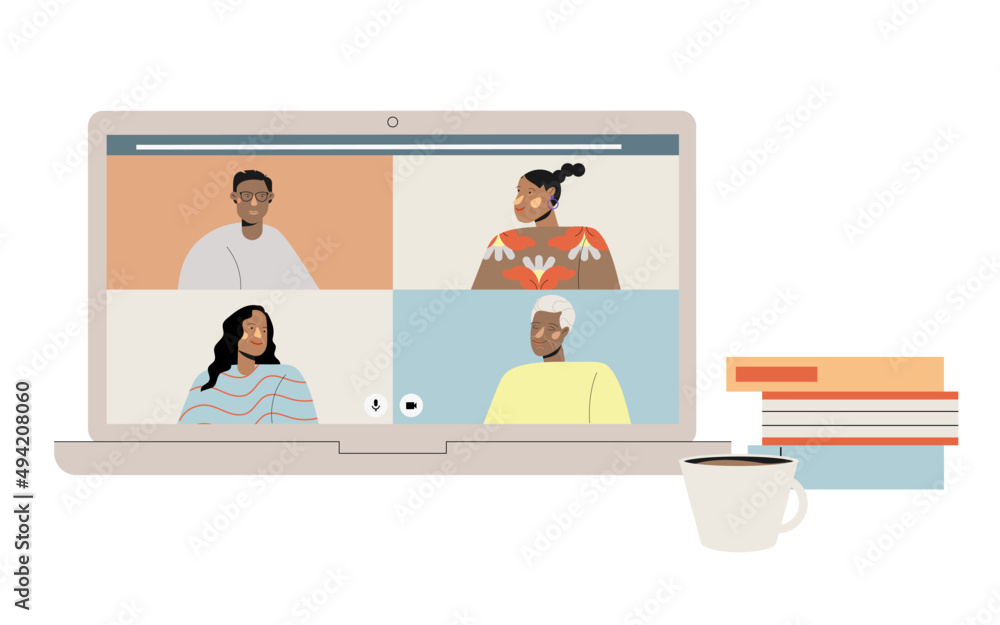 Video conferencing concept. Group people having an online meeting. screen with video call application. Vector flat style illustration isolated on white background