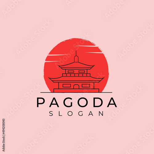 line art pagoda logo minimalist vector design with sunshine