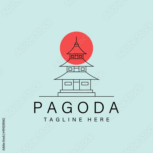 line art pagoda logo with sun vector symbol illustration design