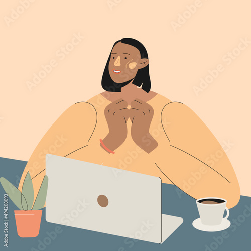 Smiling woman girl talking working with colleagues during videoconference vector illustration. People making home office. Man enjoying online communication.