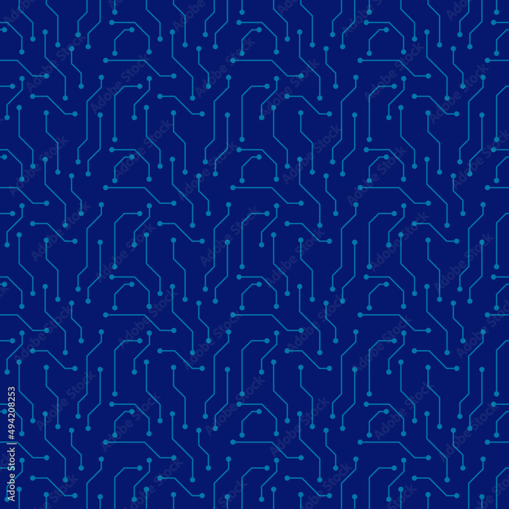 Seamless pattern electronic computer blue circuit design background for wallpaper, wrapping, paper, fabric. Vector illustration.