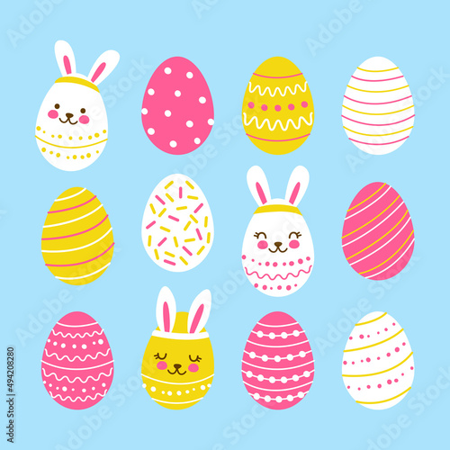 Set of cute decorated eggs - cartoon decor for happy Easter design
