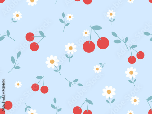 Seamless pattern with cherry fruit and cute flower on blue background vector.