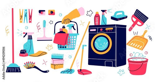 Cartoon cleaning supplies. Different household goods. Washer and buckets with mops. Detergent chemicals and sponges. Housekeeper hand with basket. Scoop and broom. Vector cleanup tools set