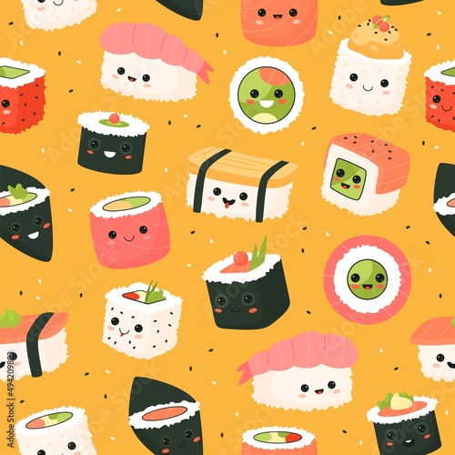 Cute sushi rolls seamless pattern. Cartoon funny foods characters, yummy little pieces with kawaii faces, japan rice, yellow background. Decor textile, wrapping paper wallpaper, vector print